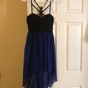Blue and black high low dress.